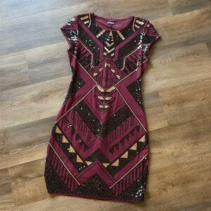 Express cap sleeve body con dress maroon with sequins size small